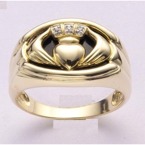 10K Solid Yellow Gold Onxy Men's Claddagh Ring Traditional Irish Ring 
